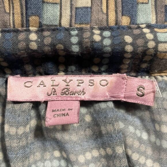 Calypso St Barth Ruffle Neck Popover Blouse Tie Neck  Mint / Beige Small‎ - Picture 13 of 15